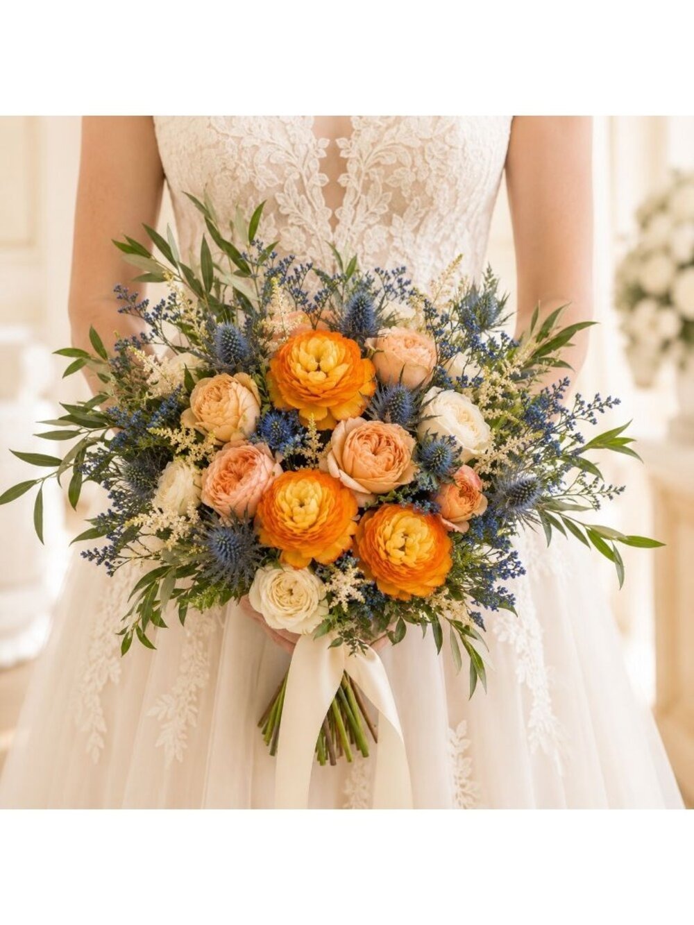 Orange Yellow Ranunculus Flowers Set of 5 15 Inch Faux Stems - Picture 5 of 7
